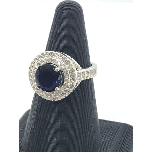 Blue Stone cushion cut size 5.5 Clear Crystals Silver tone - Picture 1 of 7